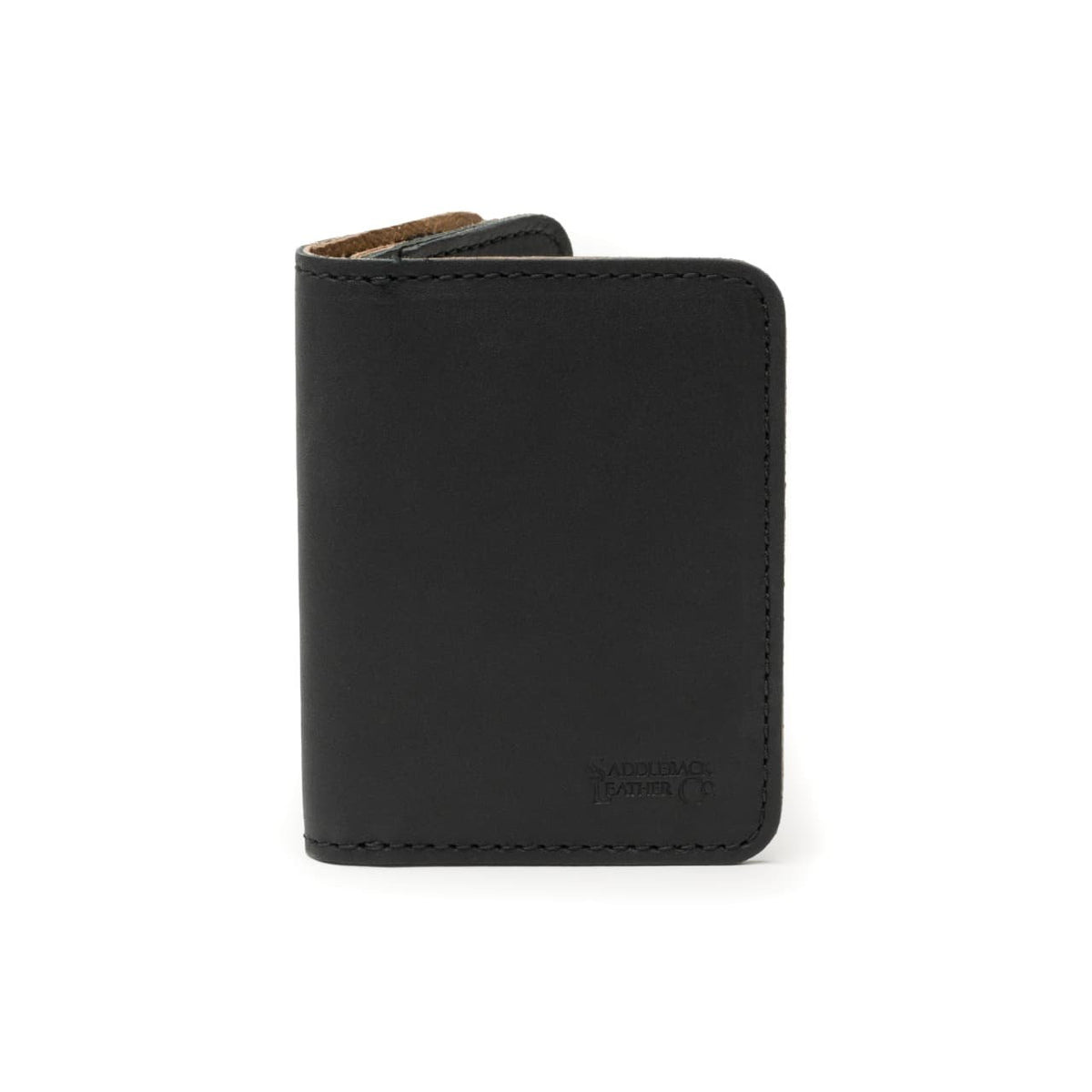 Leather Business Card Holder Wallet in Black, closed and standing upright, front view