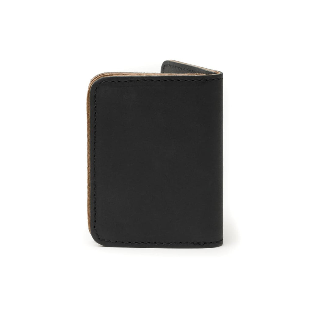 Leather Business Card Holder Wallet in Black, closed and standing upright, back view