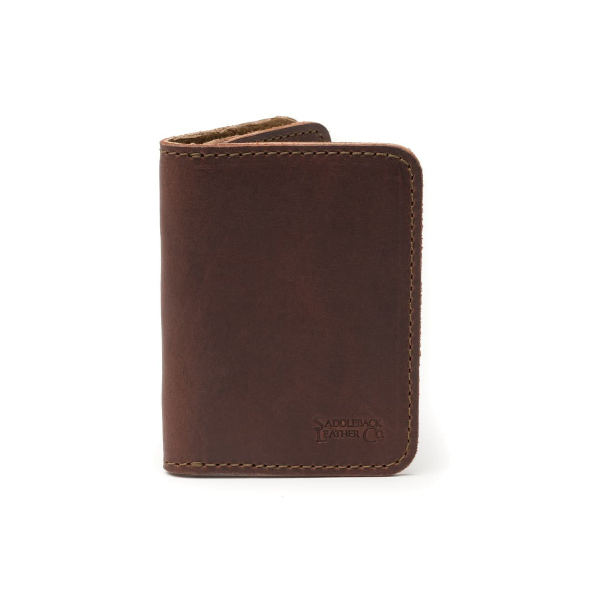 Leather Business Card Holder Wallet in Chestnut, closed and standing upright, front view