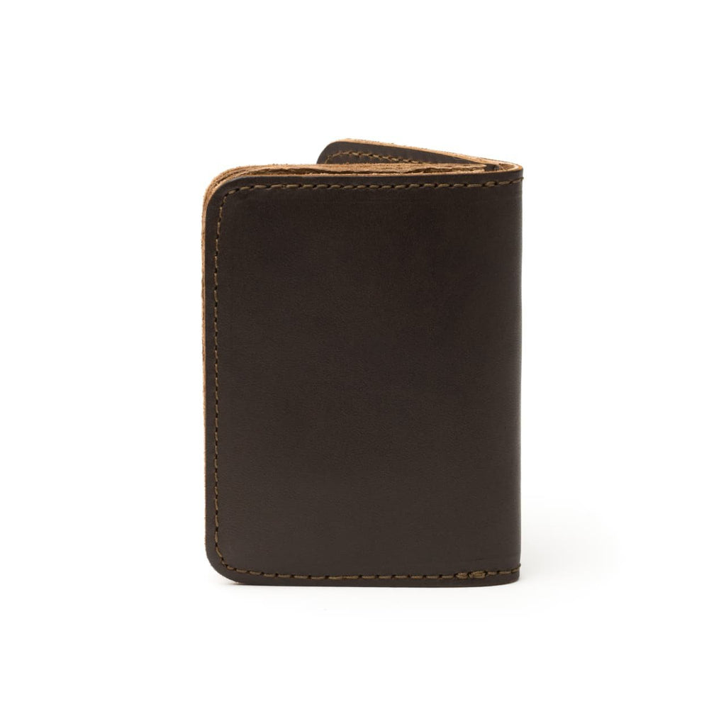 Leather Business Card Holder Wallet in Dark Coffee Brown, closed and standing upright, back view