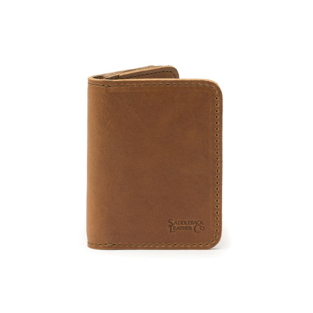 Leather Business Card Holder Wallet in Tobacco, closed and standing upright, front view