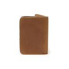 Leather Business Card Holder Wallet in Tobacco, closed and standing upright, back view