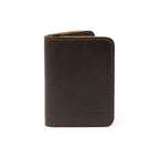Leather Business Card Holder Wallet in Dark Coffee Brown, closed and standing upright, front view