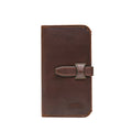 New Big Wallet in Dark Coffee Brown, front view with leather strap closure and embossed logo
