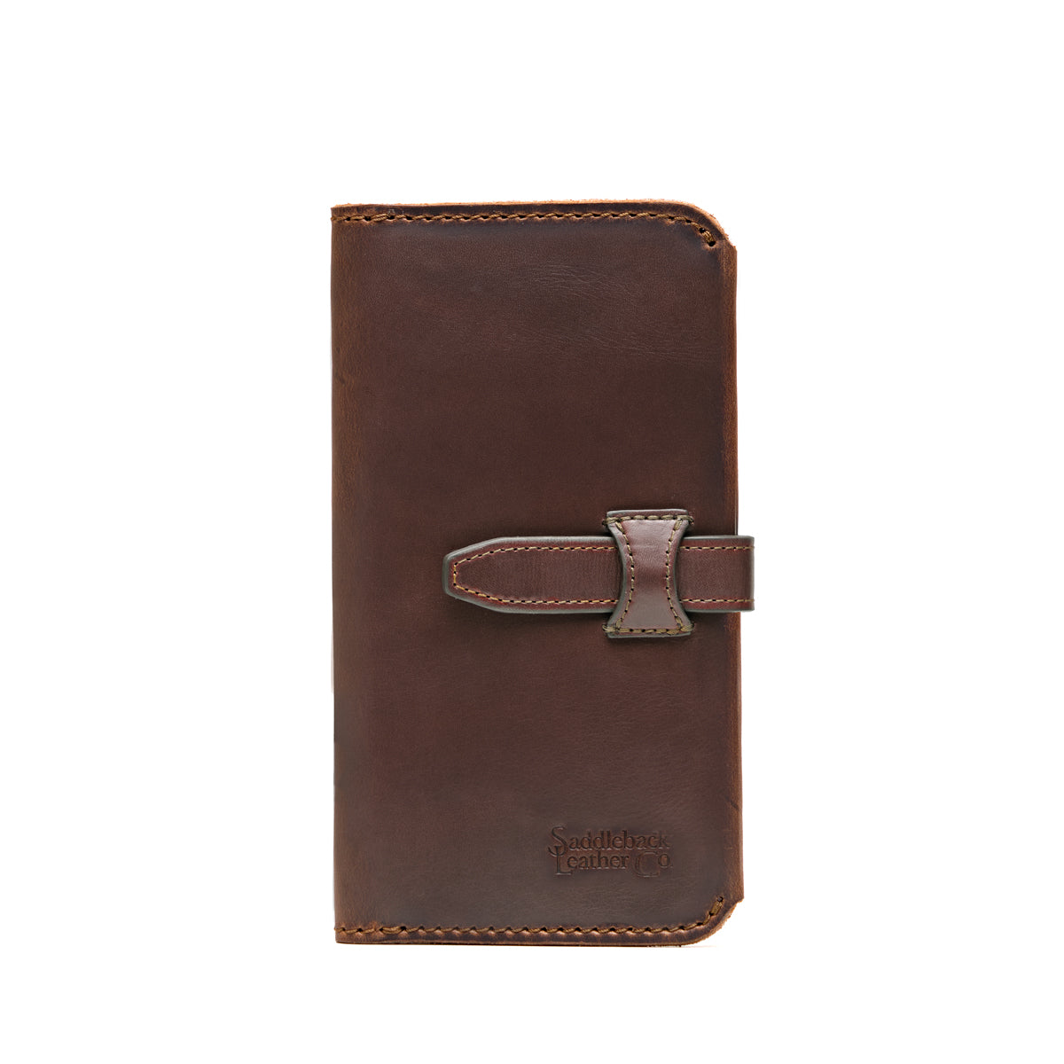 New Big Wallet in Dark Coffee Brown, front view with leather strap closure and embossed logo