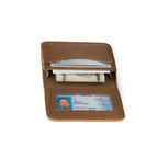 Leather Business Card Holder Wallet in Tobacco, angled open view with cards, cash and ID window