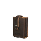 Leather Playing Cards Case in dark brown, angled front view with snap flap closure and embossed logo