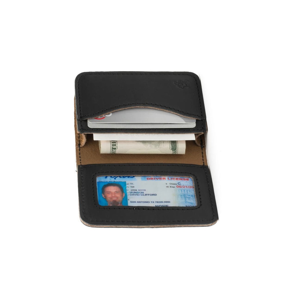 Leather Business Card Holder Wallet in Black opened to show cards, cash and the ID window