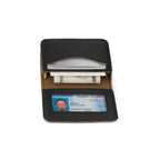 Leather Business Card Holder Wallet in Black opened to show cards, cash and the ID window