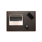 Desk Pad in Dark Coffee Brown leather, top-down view with a laptop, smartphone and mouse