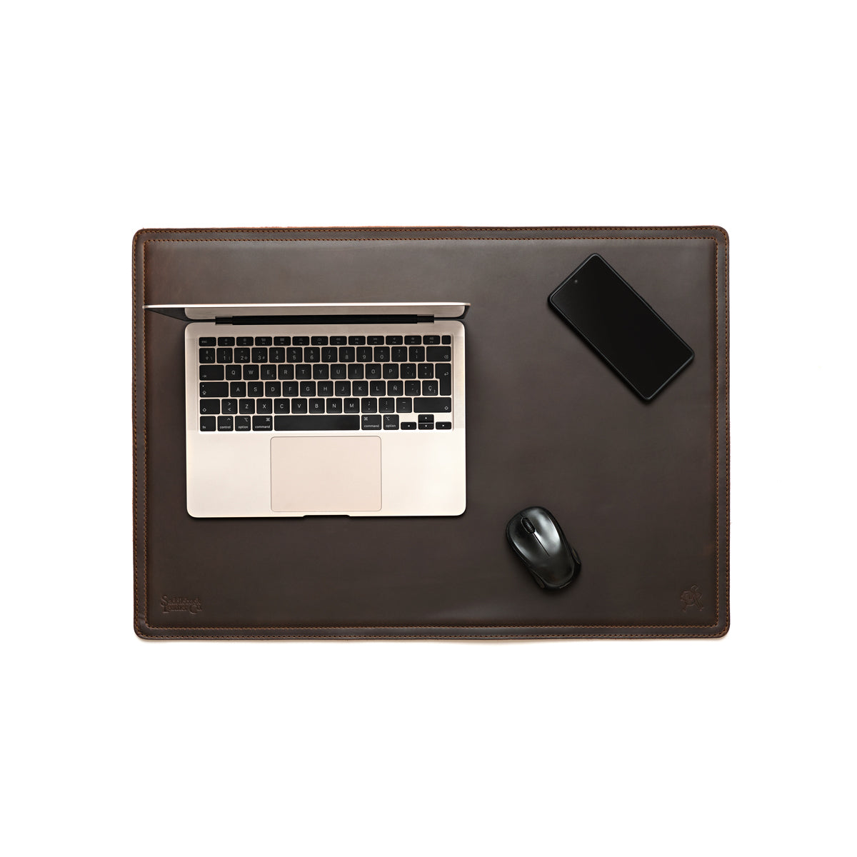 Desk Pad in Dark Coffee Brown leather, top-down view with a laptop, smartphone and mouse