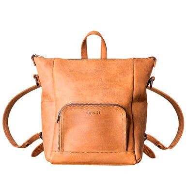 Universal Leather Backpack in Tobacco, front view showing zippered pocket and backpack straps