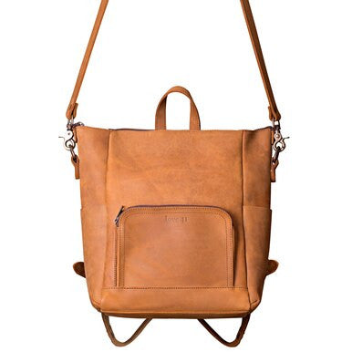 Universal Leather Backpack in Tobacco, front view with crossbody shoulder strap attached