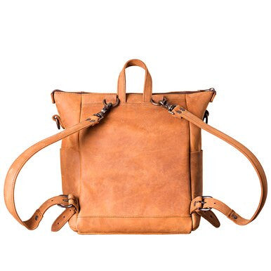 Universal Leather Backpack in Tobacco, back view showing adjustable shoulder straps