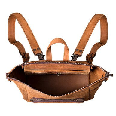 Universal Leather Backpack in Tobacco, unzipped top view showing interior zip pocket