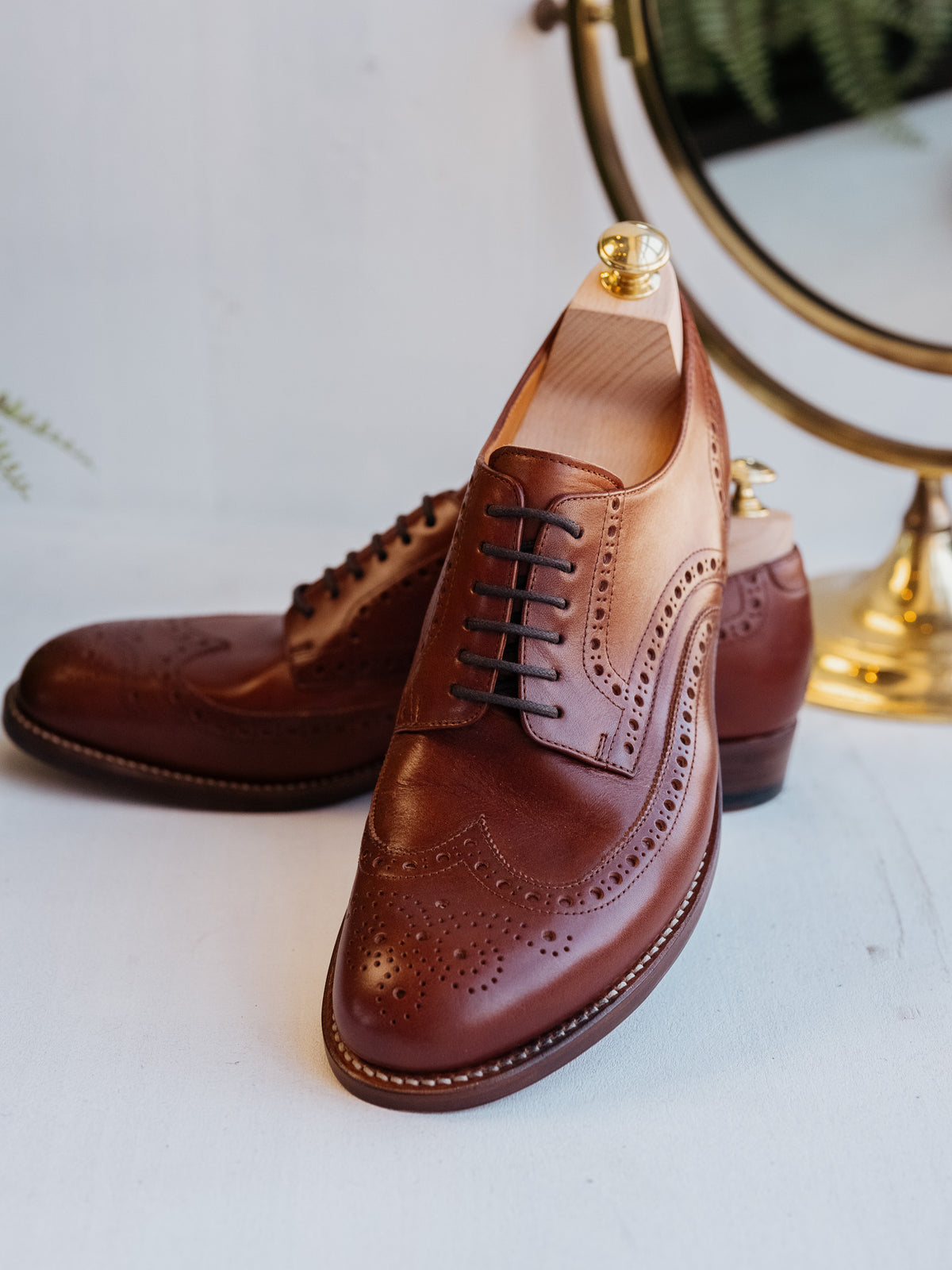 Wingtip Shoes in Chestnut, pair with shoe trees in front of a brass-framed mirror