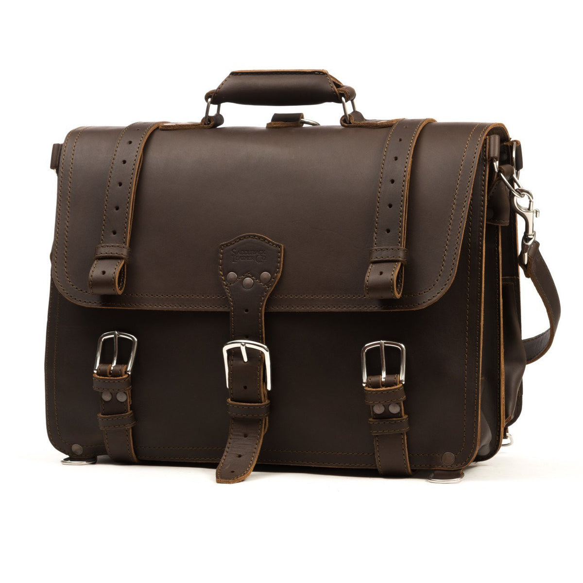 Large Classic Leather Briefcase in Dark Coffee Brown, front view with buckled flap straps and front pockets