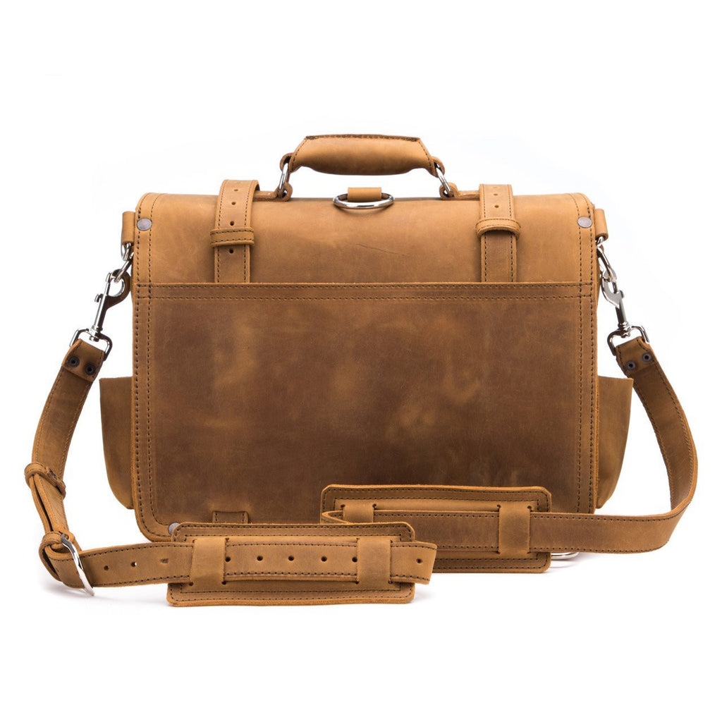 Large Classic Leather Briefcase in Tobacco, back view with shoulder strap, shoulder pad and luggage pass-through