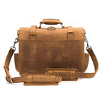 Large Classic Leather Briefcase in Tobacco, back view with shoulder strap, shoulder pad and luggage pass-through
