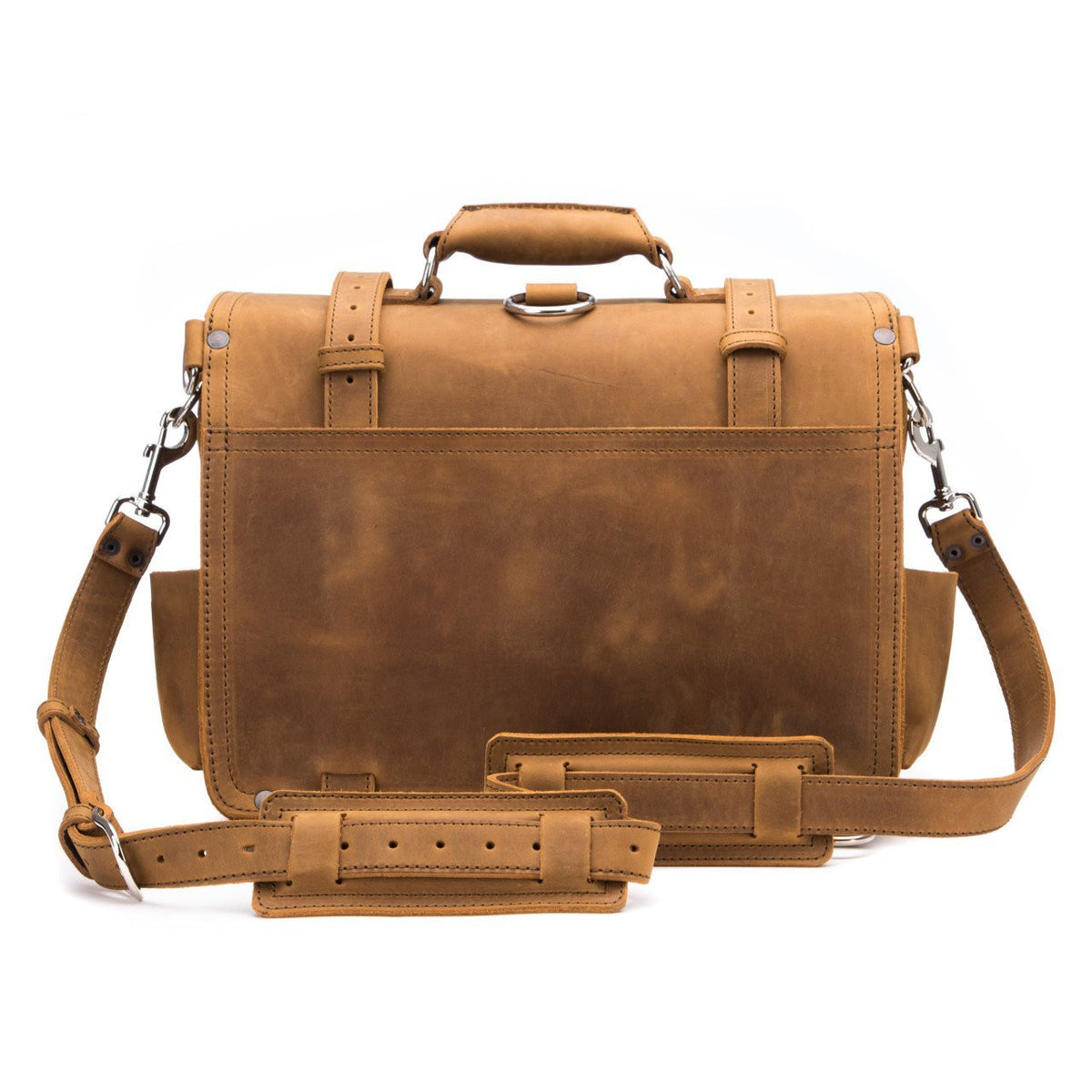 Large Classic Leather Briefcase in Tobacco, back view with shoulder strap, shoulder pad and luggage pass-through