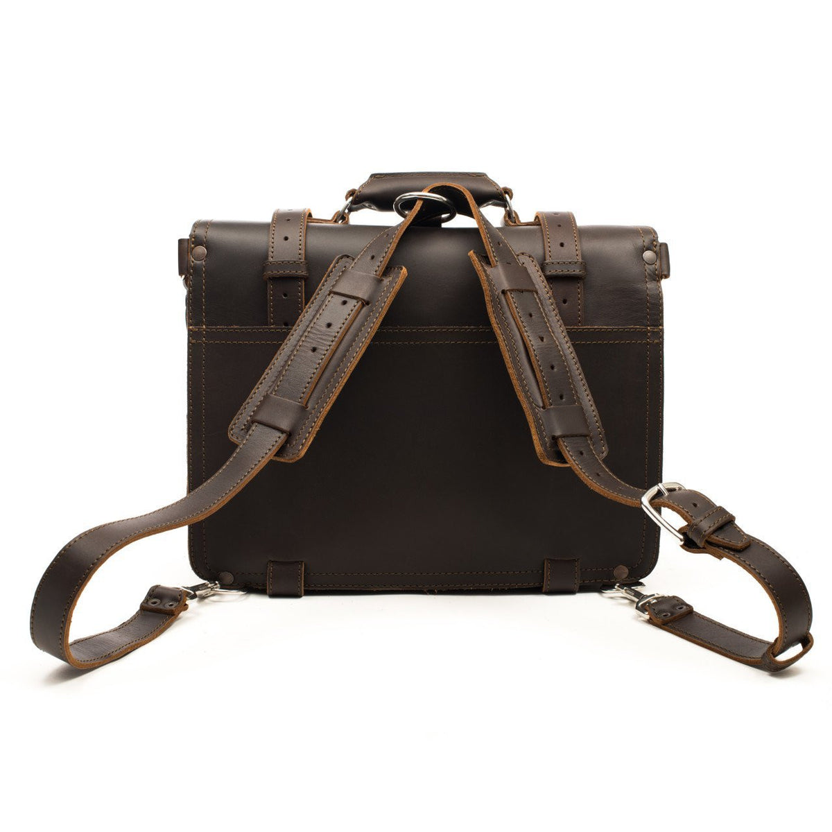 Large Classic Leather Briefcase in Dark Coffee Brown, back view with backpack straps attached
