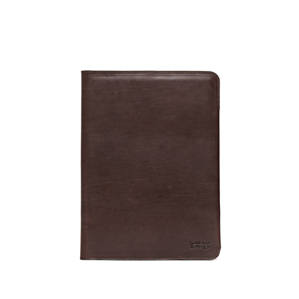 New Design Medium Portfolio in Dark Coffee Brown, closed front view with stitched edges and debossed logo