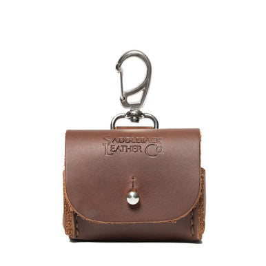 Leather AirPods Pro Case in Chestnut with snap closure and carabiner clip, front view
