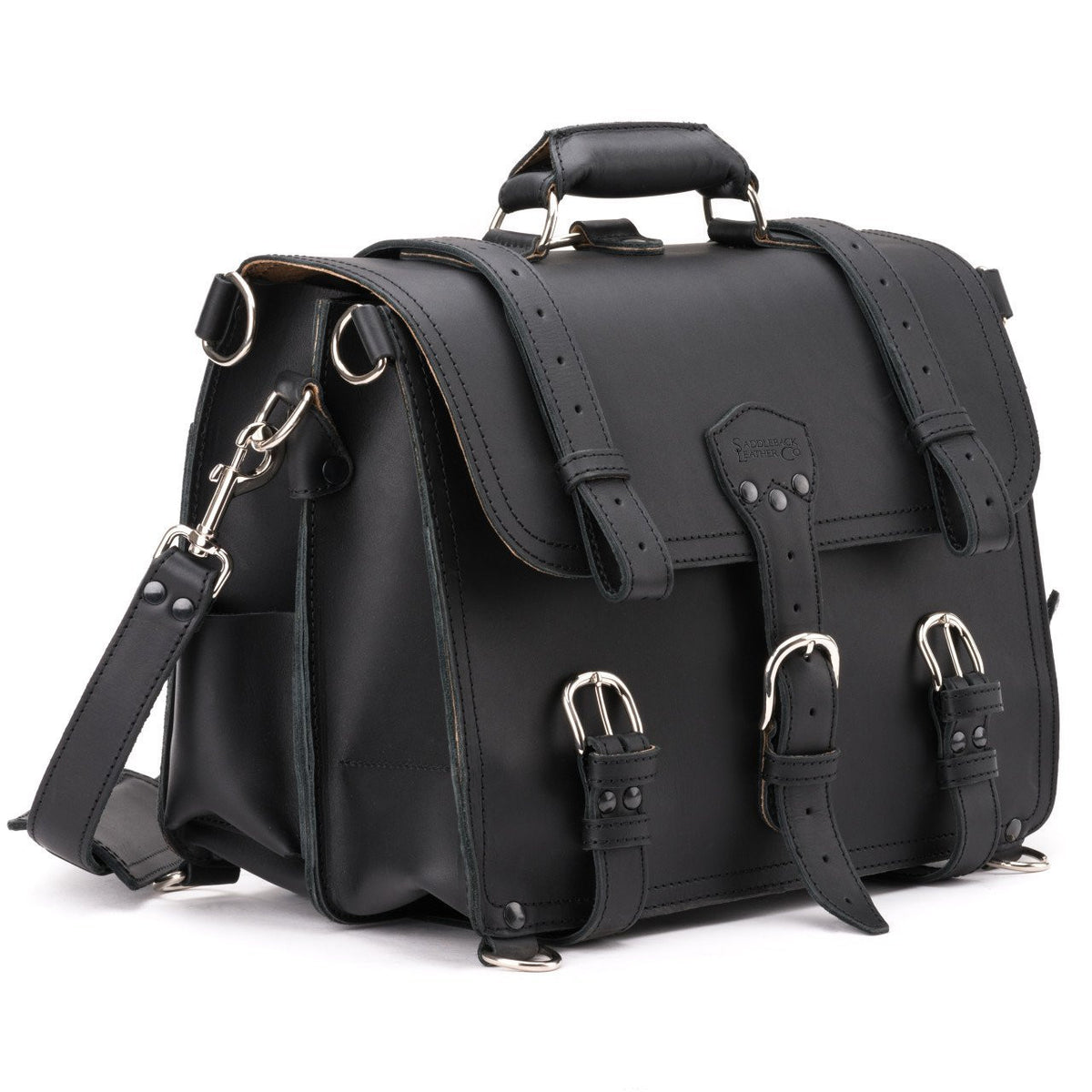 Large Classic Leather Briefcase in Black, angled side view with buckled flap straps, side pocket and shoulder strap