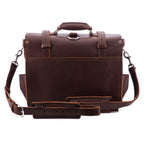 Large Classic Leather Briefcase in Chestnut, back view with shoulder strap, shoulder pad and luggage pass-through
