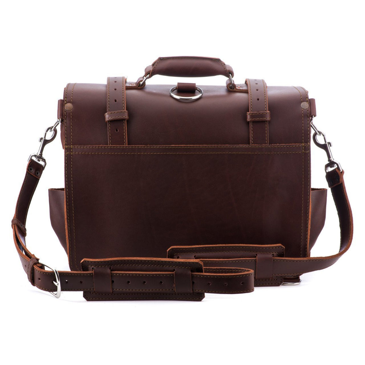 Large Classic Leather Briefcase in Chestnut, back view with shoulder strap, shoulder pad and luggage pass-through