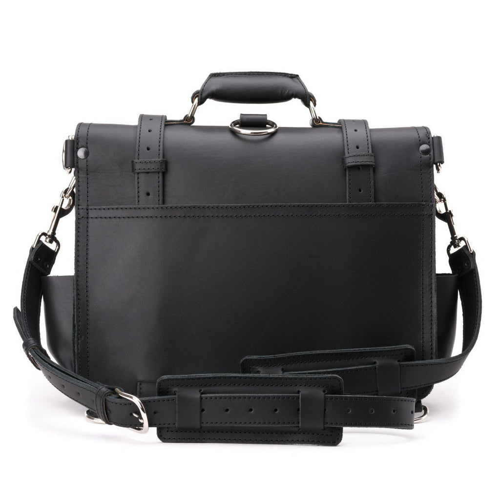 Large Classic Leather Briefcase in Black, back view with shoulder strap, shoulder pad and luggage pass-through