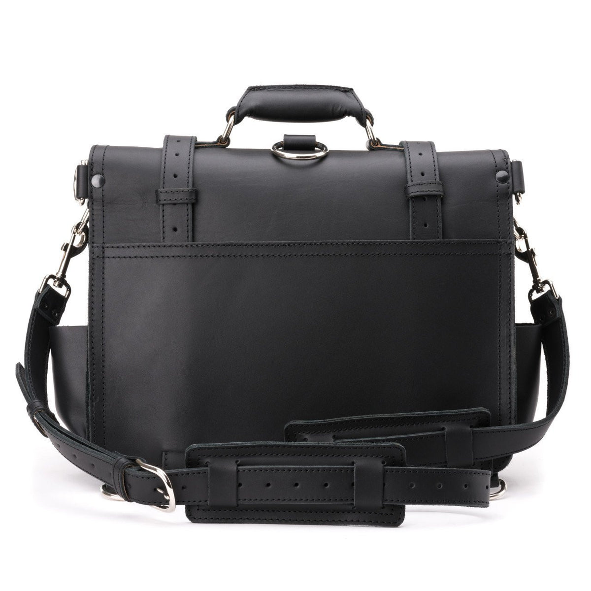Large Classic Leather Briefcase in Black, back view with shoulder strap, shoulder pad and luggage pass-through