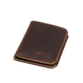 New Slim Leather Bifold Wallet in Dark Coffee Brown, closed and angled to show the embossed logo