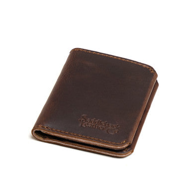 New Slim Leather Bifold Wallet in Dark Coffee Brown, closed and angled to show the embossed logo