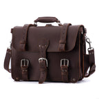 Large Classic Leather Briefcase in Chestnut, front view with buckled flap straps, front pockets and shoulder strap