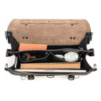 Large Classic Leather Briefcase in Black, top view open with a book, pipe, cable, laptop and notebook in its pockets