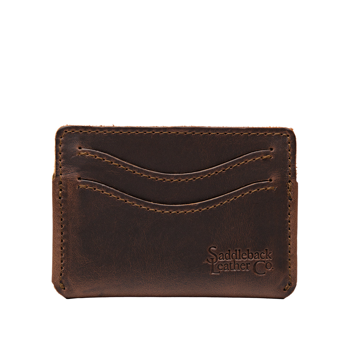 Newton Wallet in Dark Coffee Brown, front view with two curved card slots and embossed logo