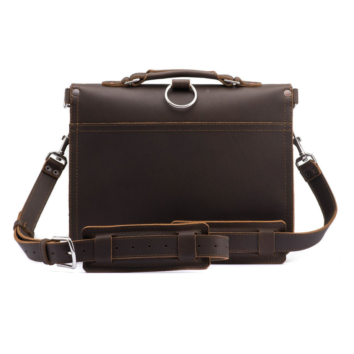Thin Front Pocket Leather Briefcase in Dark Coffee Brown, back view with shoulder strap and padded shoulder pad