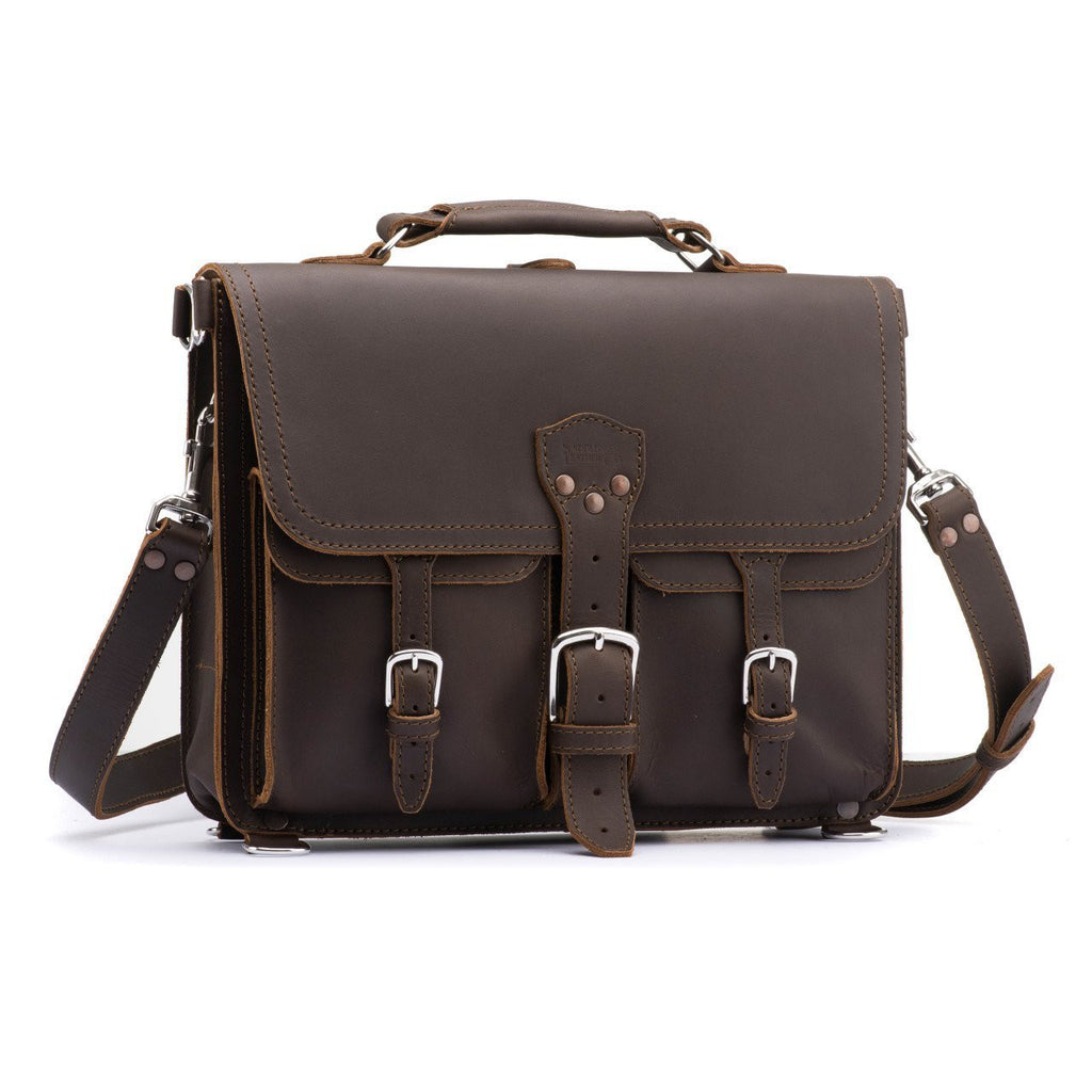 Thin Front Pocket Leather Briefcase in Dark Coffee Brown, front view with two buckled front pockets and shoulder strap
