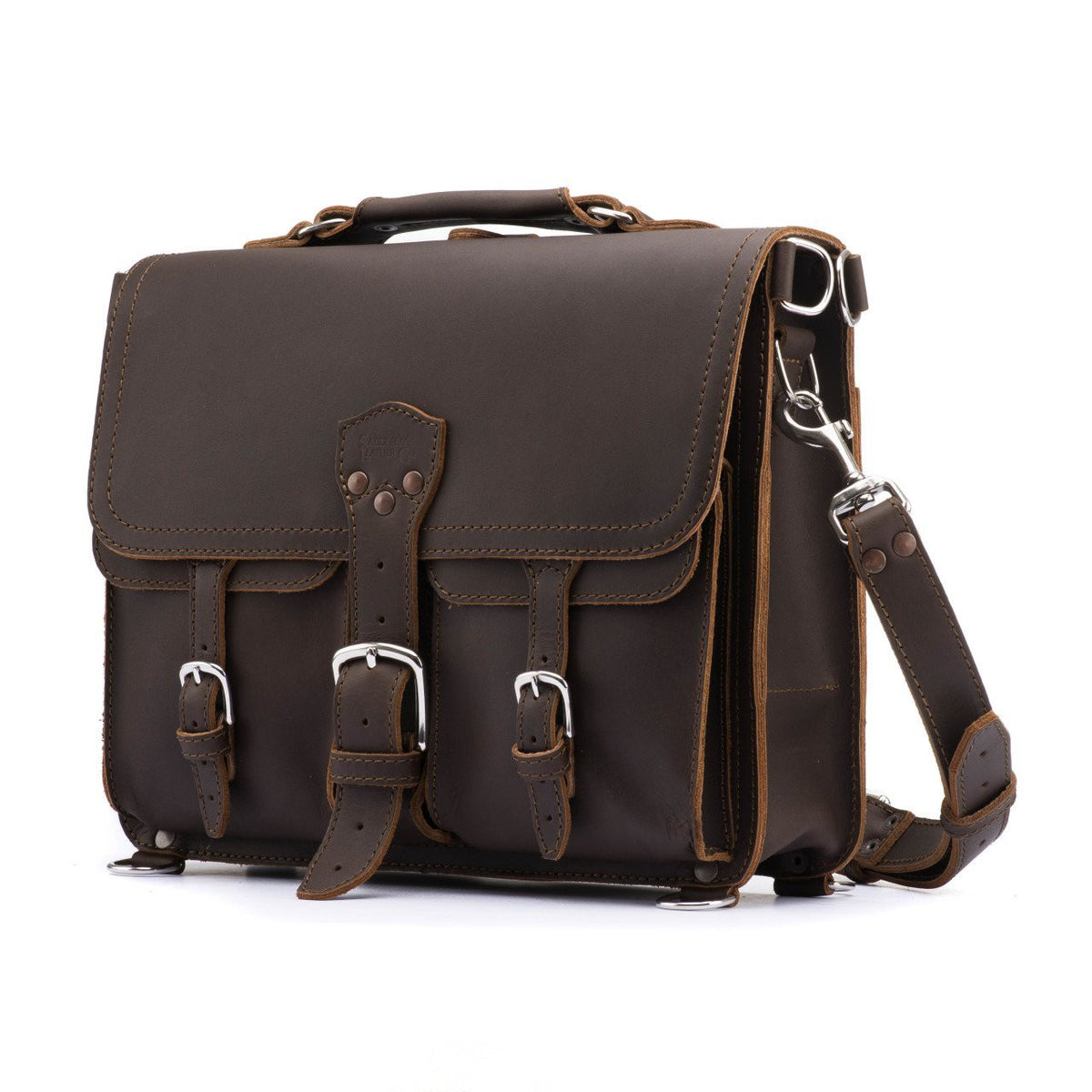 Thin Front Pocket Leather Briefcase in Dark Coffee Brown, angled front view with two buckled front pockets and strap