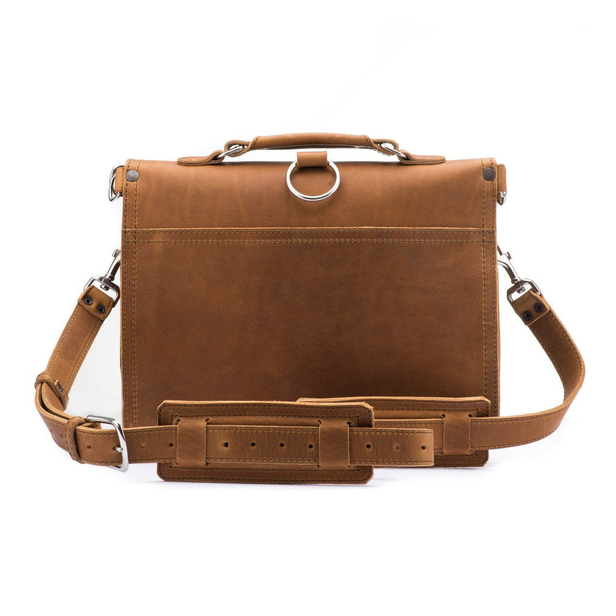 Thin Front Pocket Leather Briefcase in Tobacco, back view with shoulder strap and padded shoulder pad