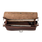 Slim Leather Briefcase in Chestnut, top view open showing a laptop, passport and papers inside