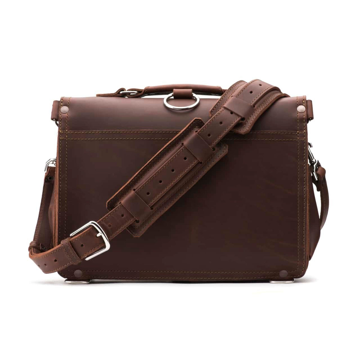 Slim Leather Briefcase in Chestnut, back view with padded shoulder strap and luggage handle pass-through
