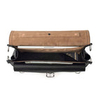 Slim Leather Briefcase in Black, top view open showing a laptop, passport and papers inside