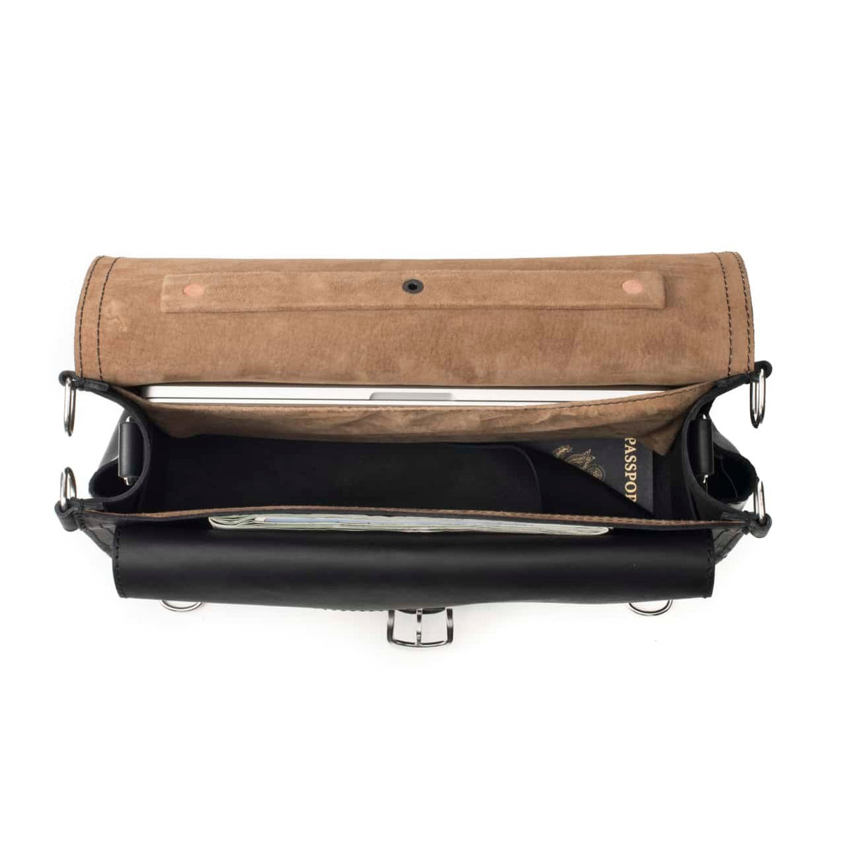 Slim Leather Briefcase in Black, top view open showing a laptop, passport and papers inside