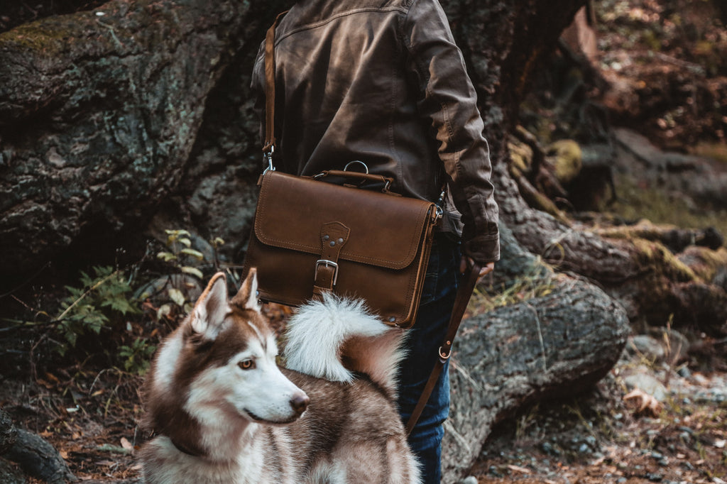 Slim Leather Briefcase in Chestnut carried by a person in a leather jacket on a forest trail beside a husky
