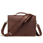 Fourteener Thin Leather Briefcase in Chestnut, back view with top handle and shoulder strap