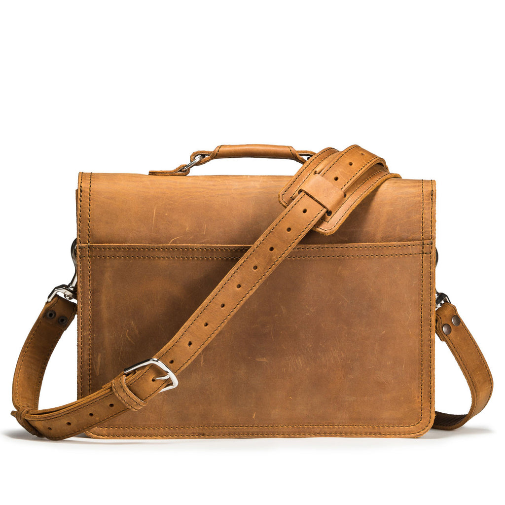 Fourteener Thin Leather Briefcase in Tobacco, back view with top handle and shoulder strap