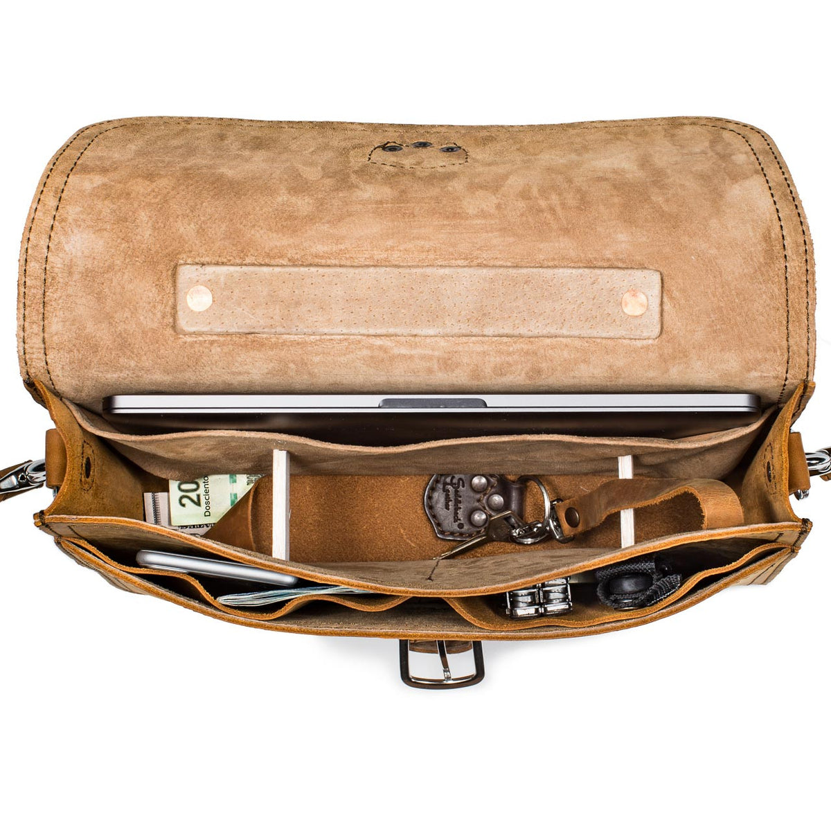 Fourteener Thin Leather Briefcase in Tobacco, top view with flap open showing a laptop, cash, keys and pens in the pockets