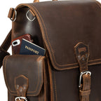 Tank Backpack in Dark Coffee Brown, close-up of side pocket holding a phone and passport